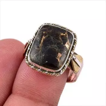 Natural Black Turquoise Gemstone 925 Sterling Silver Two Tone Ring Size 8.5 O2t10