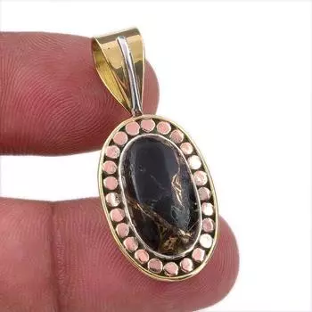 Natural Black Turquoise Gemstone 925 Sterling Silver Two Tone Pendant 1.50 w2o11