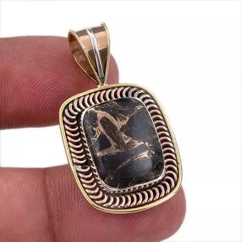 Natural Black Turquoise Gemstone 925 Sterling Silver Two Tone Pendant 1.50 K5s52