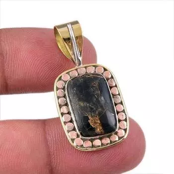 Natural Black Turquoise Gemstone 925 Sterling Silver Two Tone Pendant 1.50 G2H80