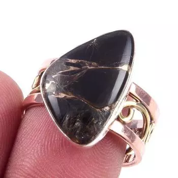 Natural Black Turquoise Gemstone 925 Sterling Silver Two Tone Ring Size 8.5 U4d75