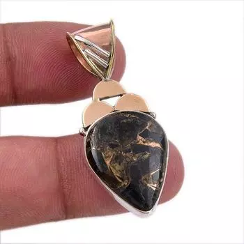 Natural Black Turquoise Gemstone 925 Sterling Silver Two Tone Pendant 1.75 N5E22