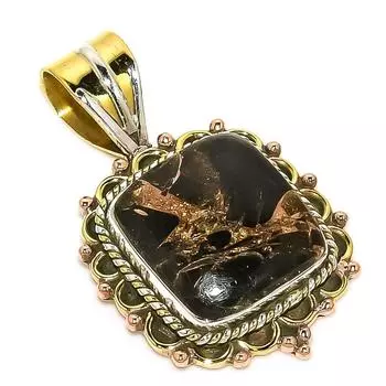Natural Black Turquoise TwoTone 925 Solid Sterling Silver Pendant 1.30 G1o83