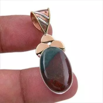 Natural Bloodstone 925 Solid Sterling Silver Jewelry TwoTone Pendant 1.75 F1z95