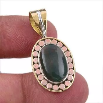 Natural Bloodstone 925 Solid Sterling Silver Jewelry TwoTone Pendant 1.25 G1g64