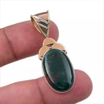 Natural Bloodstone 925 Solid Sterling Silver Jewelry TwoTone Pendant 1.75 s7g43
