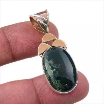 Natural Bloodstone 925 Solid Sterling Silver Jewelry TwoTone Pendant 1.75 w0I10