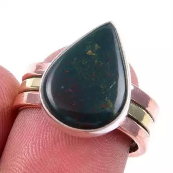 Natural Bloodstone Gemstone 925 Solid Silver Jewelry Two Tone Ring S.7.5US S1w63