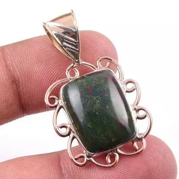Natural Bloodstone Gemstone 925 Solid Sterling Silver TwoTone Pendant 1.25 s9Y19
