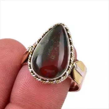 Natural Bloodstone Gemstone 925 Solid Sterling Silver Two Tone Ring Size 9 V5O33