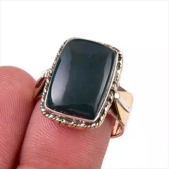 Natural Bloodstone Gemstone 925 Solid Sterling Silver Two Tone Ring Size 8 p2G80