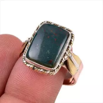 Natural Bloodstone Gemstone 925 Solid Sterling Silver Two Tone Ring S.9.5 H8W53