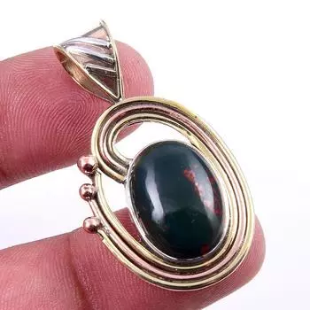 Natural Bloodstone Gemstone 925 Solid Sterling Silver TwoTone Pendant 1.50 K8a64