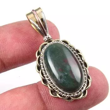 Natural Bloodstone Gemstone 925 Solid Sterling Silver TwoTone Pendant 1.50 a7Y56