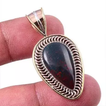 Natural Bloodstone Gemstone 925 Solid Sterling Silver TwoTone Pendant 1.50 j1f57