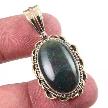 Natural Bloodstone Gemstone 925 Solid Sterling Silver TwoTone Pendant 1.50 L9L84