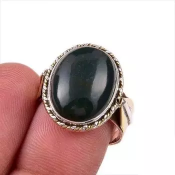 Natural Bloodstone Gemstone 925 Solid Sterling Silver Two Tone Ring Size 7 G8o66