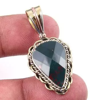 Natural Bloodstone Gemstone 925 Solid Sterling Silver TwoTone Pendant 1.50 h7P47