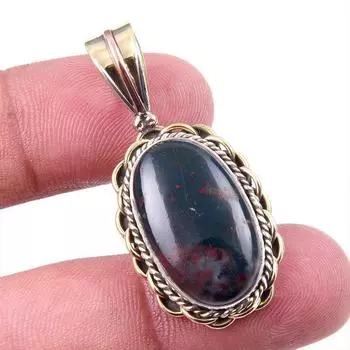 Natural Bloodstone Gemstone 925 Solid Sterling Silver TwoTone Pendant 1.50 t9y38