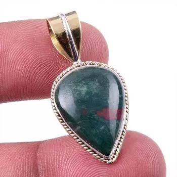 Natural Bloodstone Gemstone 925 Solid Sterling Silver TwoTone Pendant 1.25 c7q58