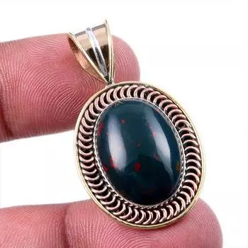 Natural Bloodstone Gemstone 925 Solid Sterling Silver TwoTone Pendant 1.50 J4C00
