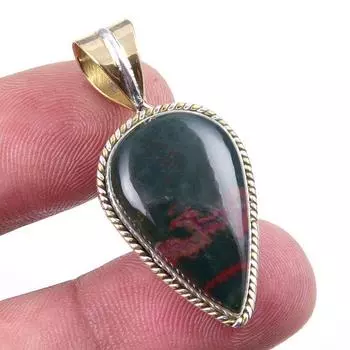Natural Bloodstone Gemstone 925 Solid Sterling Silver TwoTone Pendant 1.50 d2F65