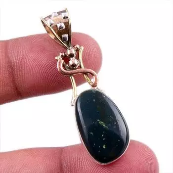 Natural Bloodstone Gemstone 925 Solid Sterling Silver TwoTone Pendant 1.75 i5s54