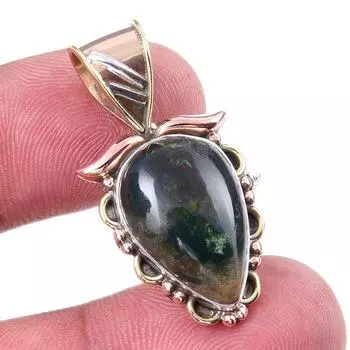 Natural Bloodstone Gemstone 925 Solid Sterling Silver TwoTone Pendant 1.25 u4Q60