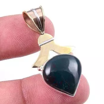 Natural Bloodstone Gemstone 925 Solid Sterling Silver TwoTone Pendant 1.50 H5G43