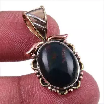 Natural Bloodstone Gemstone 925 Solid Sterling Silver TwoTone Pendant 1.25 M4E67