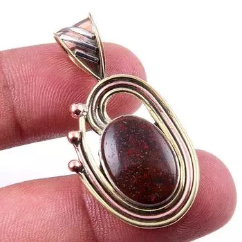 Natural Bloodstone Gemstone 925 Solid Sterling Silver TwoTone Pendant 1.50 h5A33