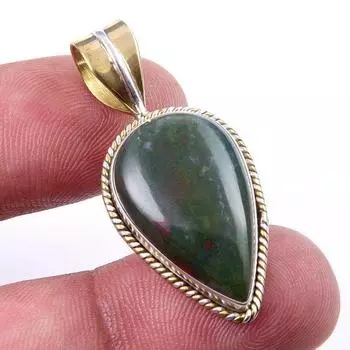 Natural Bloodstone Gemstone 925 Solid Sterling Silver TwoTone Pendant 1.50 D2M16