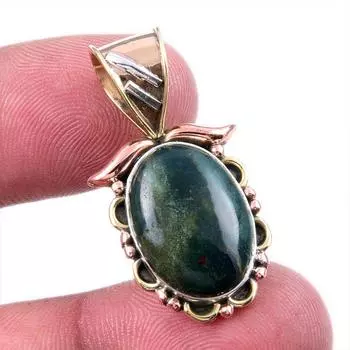 Natural Bloodstone Gemstone 925 Solid Sterling Silver TwoTone Pendant 1.25 B1O46