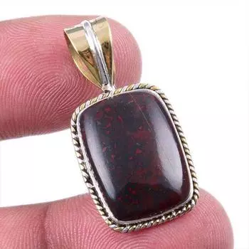 Natural Bloodstone Gemstone 925 Solid Sterling Silver TwoTone Pendant 1.25 Z4o75