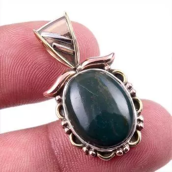 Natural Bloodstone Gemstone 925 Solid Sterling Silver TwoTone Pendant 1.25 Z6Z13