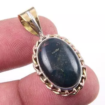 Natural Bloodstone Gemstone 925 Solid Sterling Silver TwoTone Pendant 1.25 g4S04