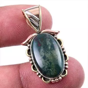Natural Bloodstone Gemstone 925 Solid Sterling Silver TwoTone Pendant 1.50 O4c98