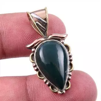 Natural Bloodstone Gemstone 925 Solid Sterling Silver TwoTone Pendant 1.25 g0K77