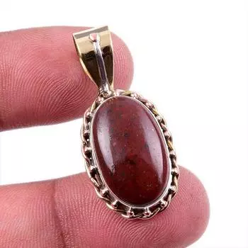 Natural Bloodstone Gemstone 925 Solid Sterling Silver TwoTone Pendant 1.25 H5Y07