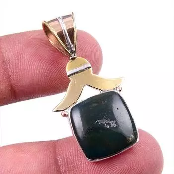 Natural Bloodstone Gemstone 925 Solid Sterling Silver TwoTone Pendant 1.50 o3Z07