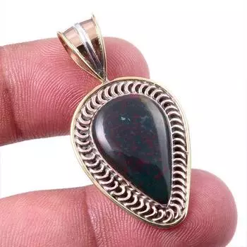 Natural Bloodstone Gemstone 925 Solid Sterling Silver TwoTone Pendant 1.50 v3i56