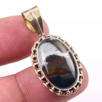 Natural Bloodstone Gemstone 925 Solid Sterling Silver TwoTone Pendant 1.25 w1I58