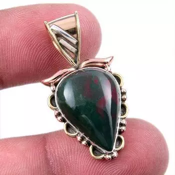 Natural Bloodstone Gemstone 925 Solid Sterling Silver TwoTone Pendant 1.25 v7O91