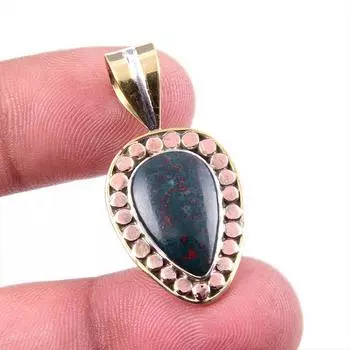 Natural Bloodstone Gemstone 925 Solid Sterling Silver Two Tone Pendant 1.5 Q6e07