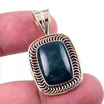 Natural Bloodstone Gemstone 925 Solid Sterling Silver TwoTone Pendant 1.50 k7O11