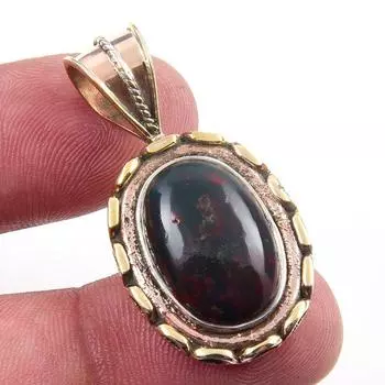 Natural Bloodstone Gemstone 925 Solid Sterling Silver TwoTone Pendant 1.50 e9y30