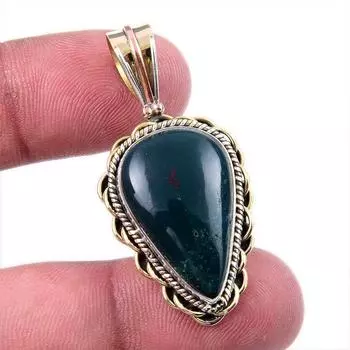 Natural Bloodstone Gemstone 925 Solid Sterling Silver TwoTone Pendant 1.50 h8G58