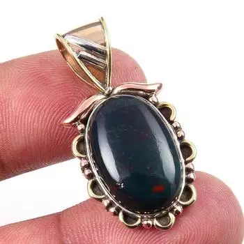 Natural Bloodstone Gemstone 925 Solid Sterling Silver TwoTone Pendant 1.25 N2T82