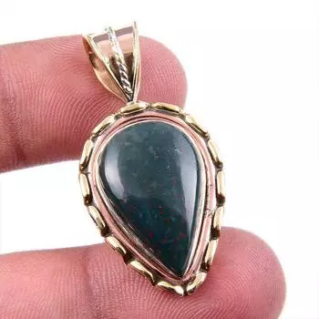 Natural Bloodstone Gemstone 925 Solid Sterling Silver Two Tone Pendant 1.5 m3M02