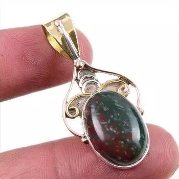 Natural Bloodstone Gemstone 925 Solid Sterling Silver Two Tone Pendant 1.5 N7y91